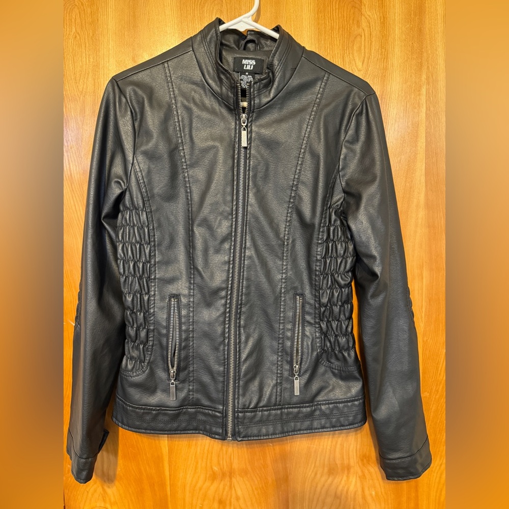 Miss Lili Black Faux Leather Jacket with Quilted Sides